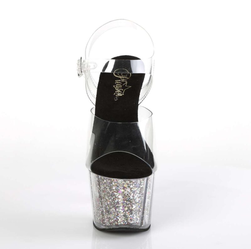 Pleaser Adore 708CG Clear Silver Confetti Glitter Ankle Strap Platform Sandals
