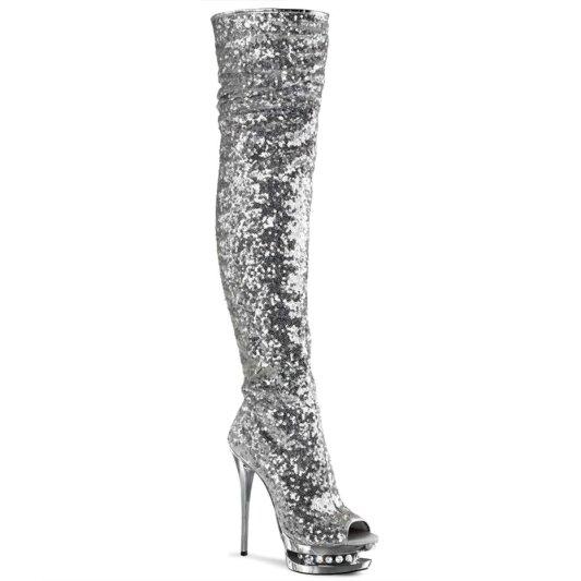 Pleaser Overknee Stiefel BLONDIE-R-3011 Silber Multi Strass Chrom EU-38 / US-8