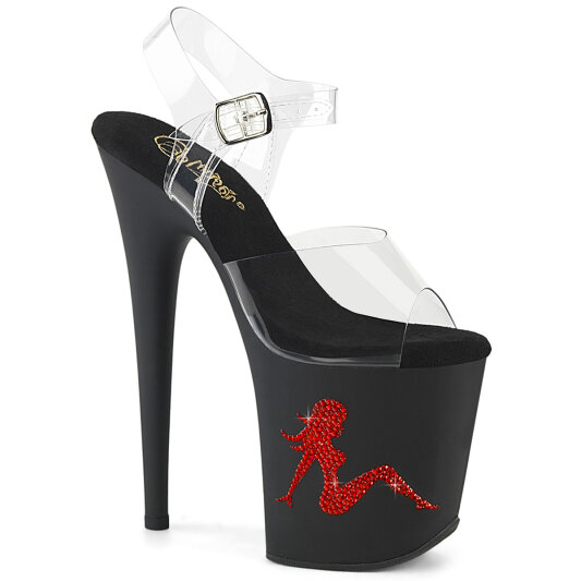Pleaser FLAMINGO-808TGRS Plateau Sandaletten Clear Strass Schwarz Rot