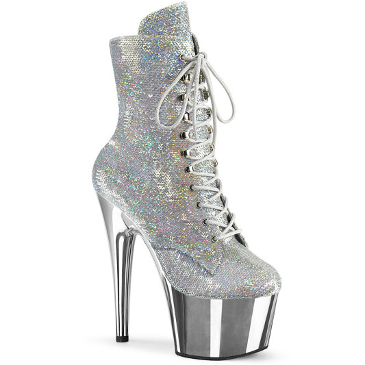 Pleaser ADORE-1020SQ-02 Plateau Stiefeletten Chrom Holograma Pailetten Silber EU-36 / US-6