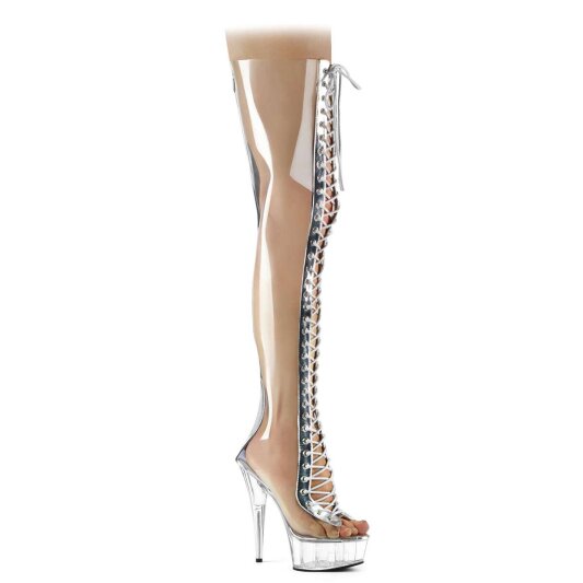 Pleaser Overknee Stiefel DELIGHT-3026 Transparent Silber Metallic EU-35 / US-5