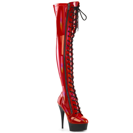 Pleaser DELIGHT-3029 Plateau Overknee Stiefel Lack Holograma Rot EU-38 / US-8