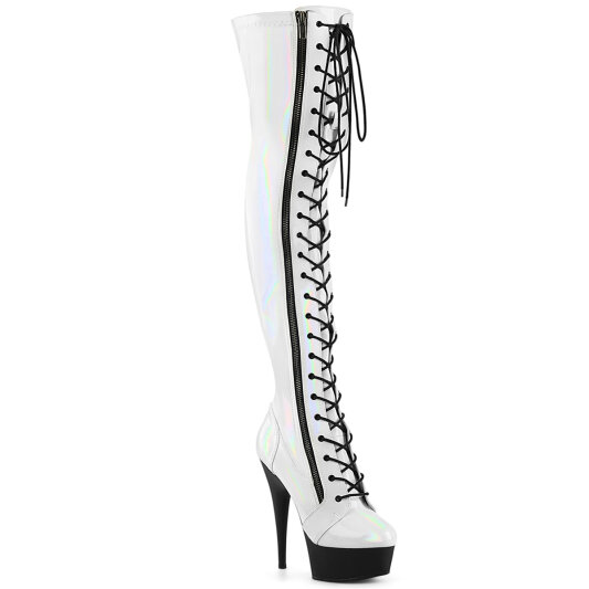 Pleaser DELIGHT-3029 Plateau Overknee Stiefel Lack Holograma Weiß EU-39 / US-9