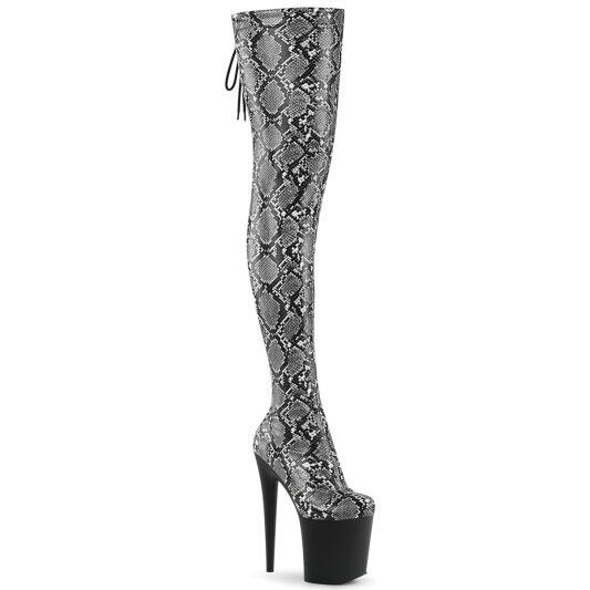Pleaser FLAMINGO-3008SP-BT Plateau Overknee Stiefel Snakeprint Schwarz Weiß EU-35 / US-5
