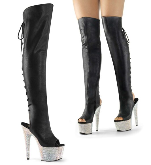 Pleaser Overknee Stiefel BEJEWELED-3019DM-7 Schwarz Silber Multi Glitter EU-35 / US-5