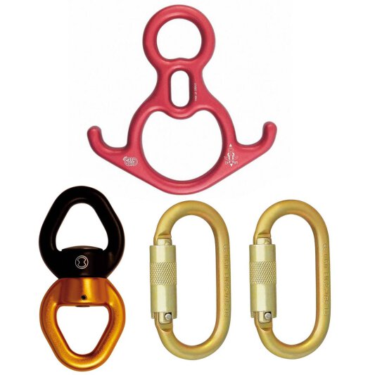 Suspension Set for Aerial Silks 2x Carabiners Gold with Figure 8 Red and Swivel