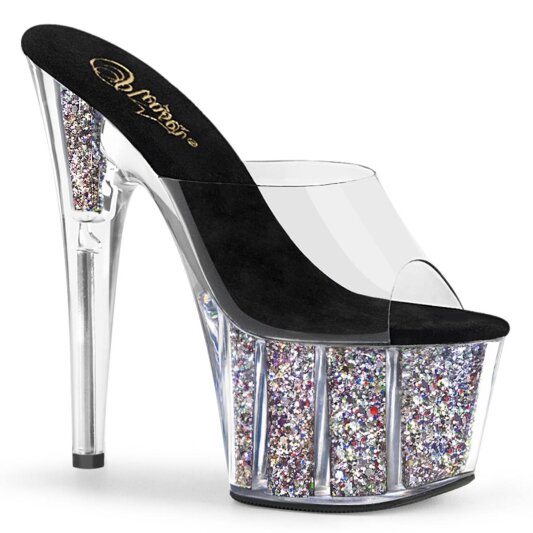 Pleaser ADORE-701CG Plateau Pantoletten Glitter Transparent Silber