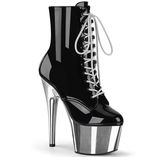 Pleaser ADORE-1020 Plateau Stiefeletten Lack Chrom Schwarz Silber EU-43 / US-13