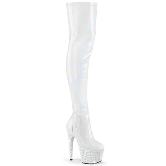 Pleaser BEJEWELED-3000-7 Plateau Overknee Stiefel Holo Strass Weiß EU-42 / US-12