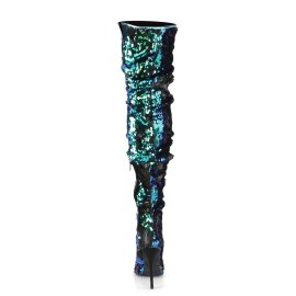 Pleaser COURTLY-3011 Overknee Stiefel Pailetten Grün Blau EU-41 / US-11