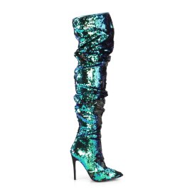 Pleaser COURTLY-3011 Overknee Stiefel Pailetten Grün Blau EU-41 / US-11