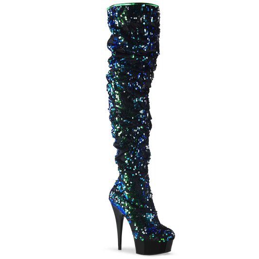 Pleaser DELIGHT-3004 Plateau Overknee Stiefel Pailetten Grün EU-35 / US-5