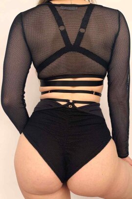 Lunalae Shorts High Waist Claire Mesh Cut Out Schwarz S