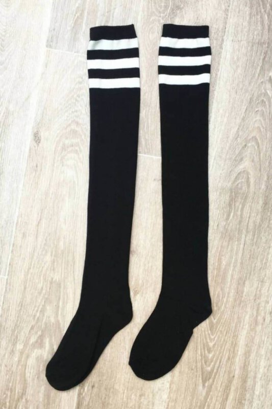 Lunalae Thigh High Socks Black with White Stripes