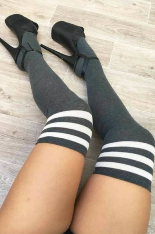 Lunalae Thigh High Socks Dark Grey with White Stripes