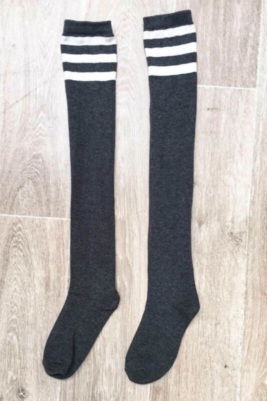 Lunalae Thigh High Socks Dark Grey with White Stripes
