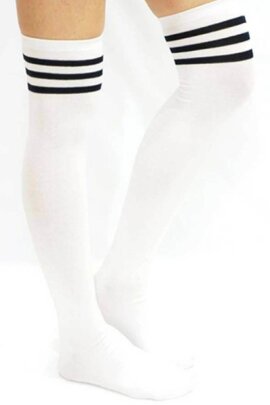 Lunalae Thigh High Socks White with Black Stripes