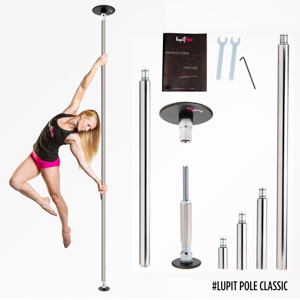 Lupit Pole Classic Pole Dancing Pole with model dancing on it. Next to it all the individual parts that make up the pole.