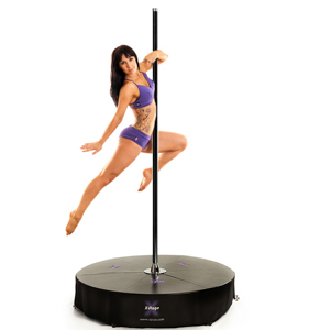 X-Pole X-Stage freestanding pole dance pole on which a model in purple pole wear dances